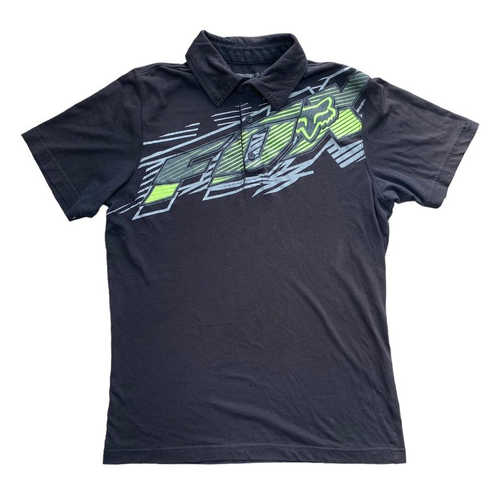 Fox Racing Polo Shirt Mens Small Short Sleeve Spell out Logo Black Motocross